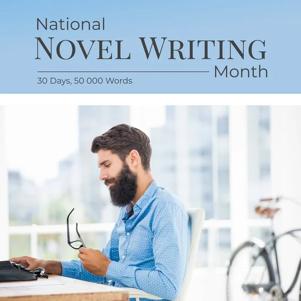 Composite of bearded caucasian man with typewriter and national novel writing month text. 30 days, 50000 words, education, creative writing, event, wrimo, promotion.