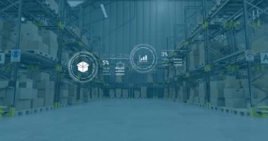 Depo üzerinde veri işleme ikonlarının canlandırılması. Dijital olarak oluşturulan küresel dağıtım, nakliye ve perakende konsepti.