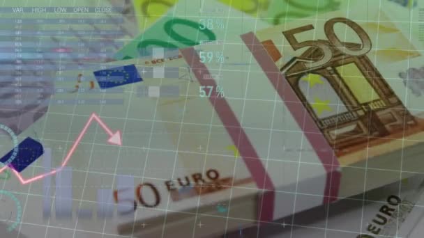 Animación Múltiples Gráficos Mapa Tablero Negociación Sobre Monedas Euros Compuesto — Vídeos de Stock