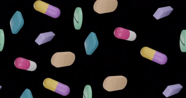 Animace Plovoucích Pilulek Černém Pozadí Globální Medicína Koncepce Digitálního Rozhraní — Stock video