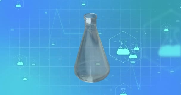 Animación Iconos Química Vaso Precipitados Sobre Fondo Azul Concepto Ciencia — Vídeos de Stock