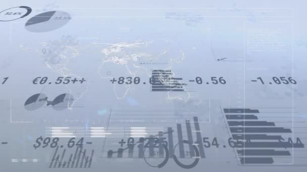 マップ上の数字を持つ複数のグラフと通貨サインのアニメーション デジタル生成 複数の露出 インフォグラフィック 未来的 グローバルビジネス レポート テクノロジー — ストック動画