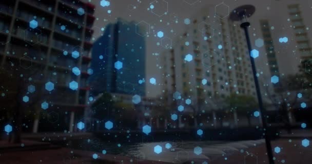Анимация Медицинских Икон Над Городским Пейзажем Концепция Глобальной Медицины Цифрового — стоковое видео