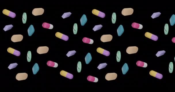 Animation Floating Pills Black Background Global Medicine Digital Interface Concept — Stock Video