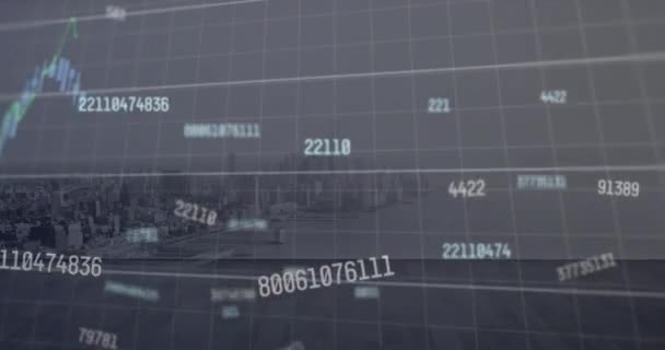 Animación Múltiples Gráficos Con Números Cambiantes Sobre Vista Aérea Ciudad — Vídeo de stock