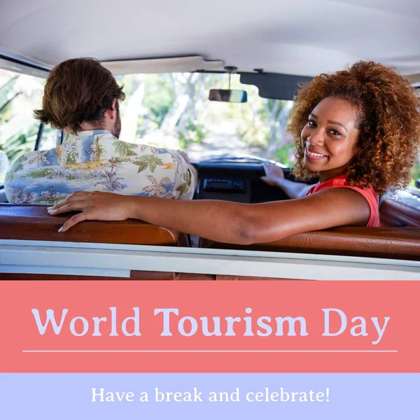 Composite of have a break and celebrate world tourism day text over diverse couple in camper van. World tourism day, travel and vacation concept digitally generated image.