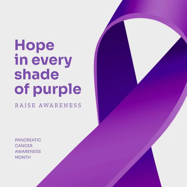 Illustration of pancreatic cancer awareness month and purple awareness ribbon on white background. Copy space, hope in every shade of purple, pancreas, medical, healthcare, support, alertness.