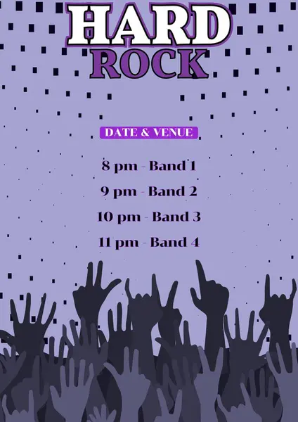 Illustration of group of hands and hard rock, date and venue with timings and band 1,2,3,4 text. Music festival, concert, poster, template, event, program, advertise, enjoyment and design concept.