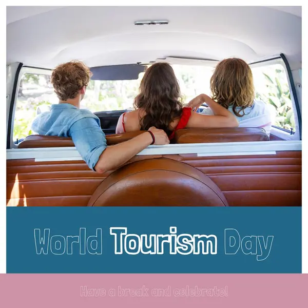 Composite of have a break and celebrate world tourism day text over diverse friends in camper van. World tourism day, travel and vacation concept digitally generated image.