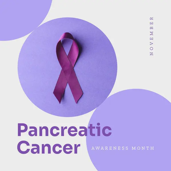 Composite of purple awareness ribbon with pancreatic cancer awareness month and november text. Copy space, pancreas, medical, healthcare, support, prevention and alertness concept.