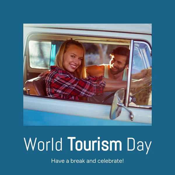 Composite of have a break and celebrate world tourism day text over caucasian couple in camper van. World tourism day, travel and vacation concept digitally generated image.