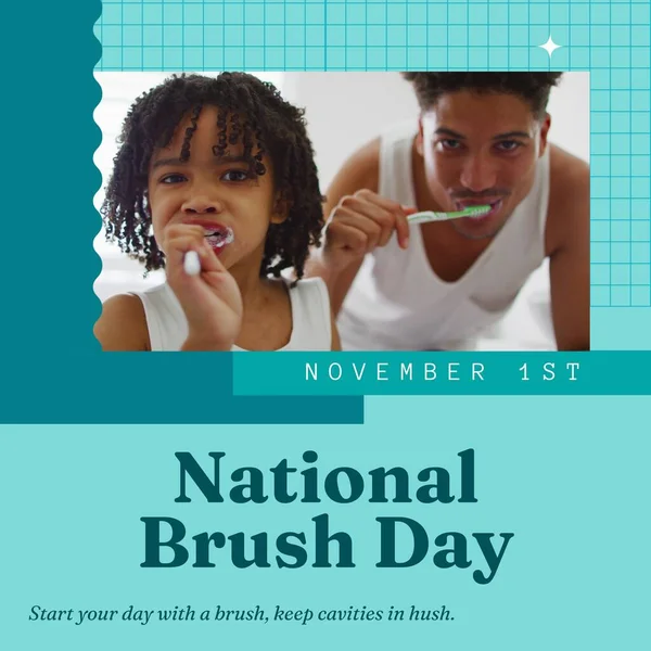Çift Irklı Baba Oğulun Diş Fırçalamasının Birleşimi Kasım Ulusal Fırça — Stok fotoğraf