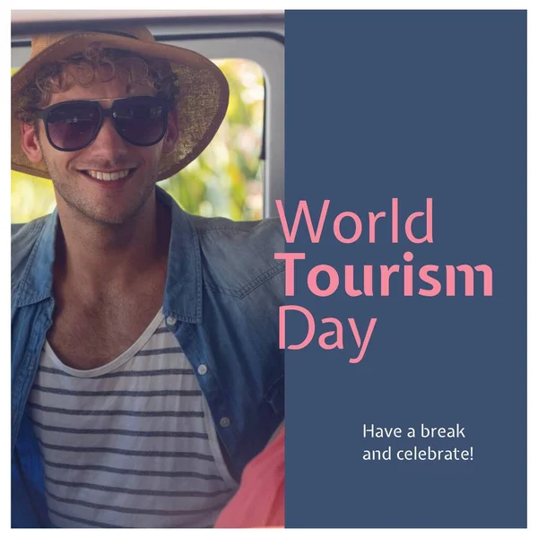 Composite of have a break and celebrate world tourism day text over caucasian man in camper van. World tourism day, travel and vacation concept digitally generated image.