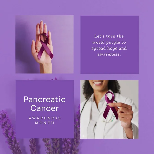 Pancreatic cancer awareness month text and diverse cropped hand and doctor holding purple ribbons. Composite, let\'s turn the world purple to spread hope and awareness, medical, healthcare, alert.
