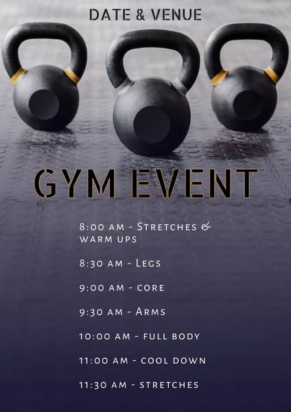 Kettlebells Gym Event Date Venue Stretches Warm Ups Legs Core — Stock Photo, Image