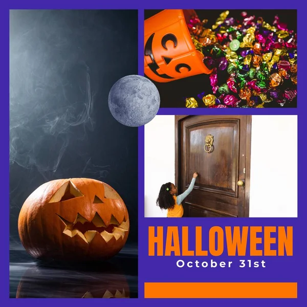 Halloween Und Oktober Text Jack Laterne Bonbons Afrikanisches Amerikanisches Mädchen — Stockfoto