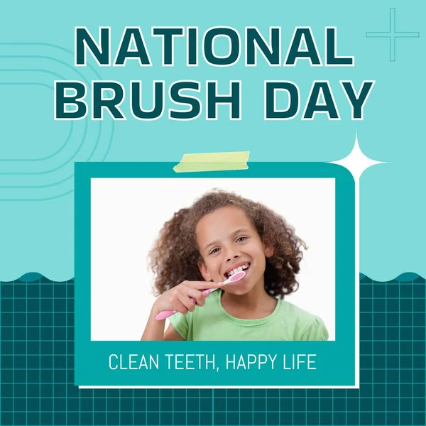 Composite of biracial girl brushing teeth and national brush day, clean teeth, happy life text. Support, oral health, childhood, dental health, hygiene, protection, celebrate.