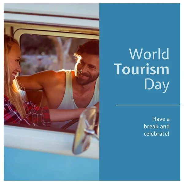 Composite of have a break and celebrate world tourism day text over caucasian couple in camper van. World tourism day, travel and vacation concept digitally generated image.