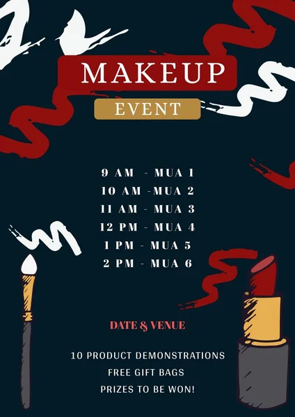 Illustration of makeup event, timings and mua 1,2,3,4,5,6, date, venue, 10 product demonstrations. Free gift bags, prizes to be won, poster, advertise, marketing, creative, template, design, program.