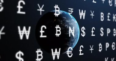 Dünyayı uzaya karşı döndüren çoklu para birimi sembollerinin animasyonu. Dijital olarak üretilen hologram, illüstrasyon, bankacılık, finans, iş dünyası, soyut ve küreselleşme kavramı.