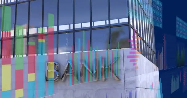 Animación Múltiples Gráficos Gráficos Numéricos Texto Bancario Edificio Moderno Compuesto — Vídeos de Stock
