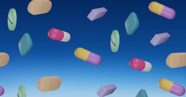 Animation Floating Pills Blue Background Global Medicine Digital Interface Concept — Stock Video
