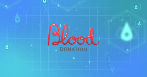 Animatie Van Medische Iconen Bloed Donatie Tekst Blauwe Achtergrond Global — Stockvideo