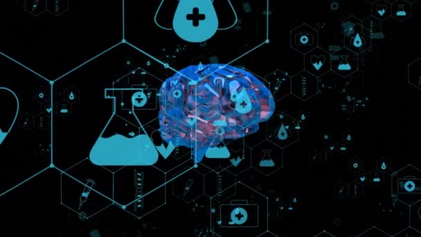 Анимация Медицинских Икон Мозга Черном Фоне Концепция Глобальной Медицины Цифрового — стоковое видео