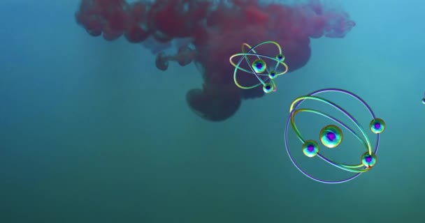 Mavi Zemin Üzerinde Kırmızı Sıvı Üzerindeki Moleküllerin Animasyonu Bilim Arkaplan — Stok video