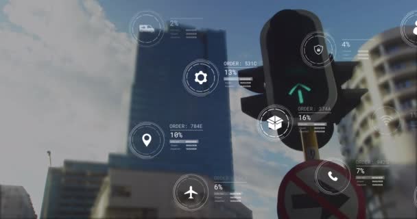 Animación Iconos Con Procesamiento Datos Sobre Semáforos Paisaje Urbano Entrega — Vídeo de stock