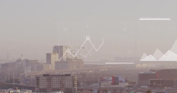 Animation Graphs Map Loading Bars Modern City Sky Digital Composite — Stock Video