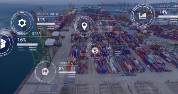 Animation Von Icons Mit Datenverarbeitung Über Der Werft Globales Liefer — Stockvideo