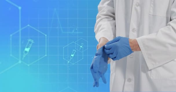 Animation Medicinska Ikoner Och Kaukasiska Läkare Bär Medicinska Handskar Blå — Stockvideo