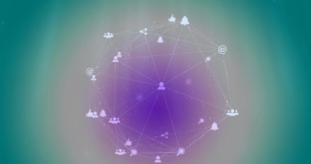 Анімація Фіолетового Візерунка Єднаних Піктограмах Утворюють Глобус Синьому Фоні Цифрове — стокове відео