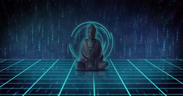 Buddha Animation Mit Scanner Und Binärcodierung Auf Schwarzem Hintergrund Technologie — Stockvideo