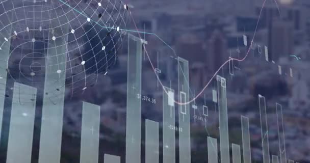 Animace Grafů Měnící Čísla Mřížka Nad Moderním Městským Prostředím Digitální — Stock video