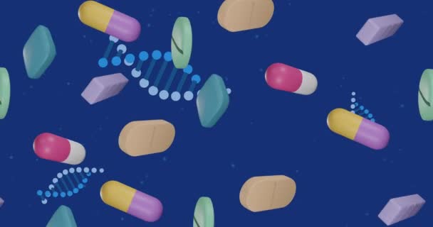 Animering Flytande Piller Och Dna Strängar Blå Bakgrund Global Medicin — Stockvideo