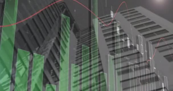 Yüksek Binaların Düşük Açılı Görüntüsüyle Istatistiksel Veri Işleme Animasyonu Bilgisayar — Stok video