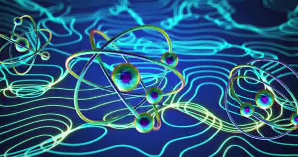 Mavi Arka Plandaki Çizgiler Üzerinden Atom Modellerinin Mikro Animasyonu Küresel — Stok video