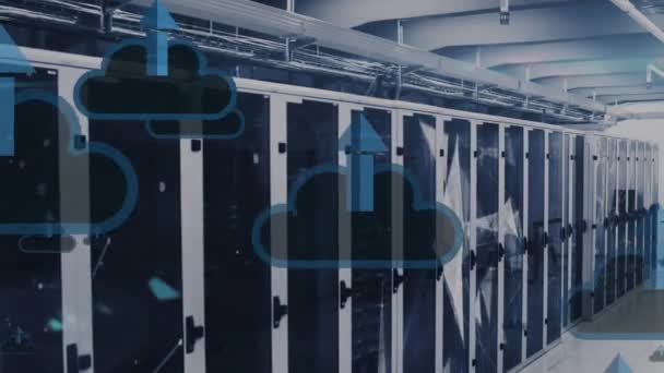 Animación Múltiples Iconos Carga Nube Flotando Redes Plexo Contra Sala — Vídeos de Stock