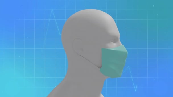 Animation Cardiograph Man Face Mask Blue Background Global Medicine Digital — Stock Video