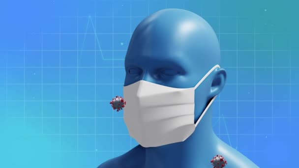 青い背景にフェイスマスクを持つ男性との心臓地図とウイルス細胞のアニメーション グローバル医学 パンデミック デジタルインターフェースのコンセプトデジタル生成ビデオ — ストック動画