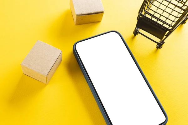 Smartphone Copy Space Trolley Boxes Yellow Background Cyber Monday Cyber — Stock Photo, Image