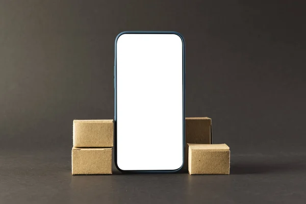 Smartphone Blank Screen Cardboard Boxes Copy Space Black Background Cyber — Stock Photo, Image