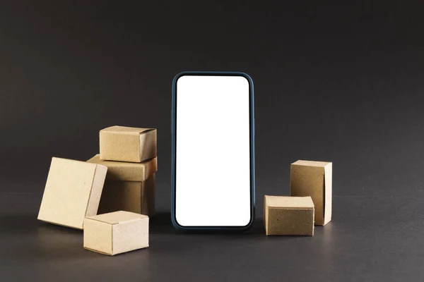 Smartphone Blank Screen Cardboard Boxes Copy Space Black Background Cyber — Stock Photo, Image