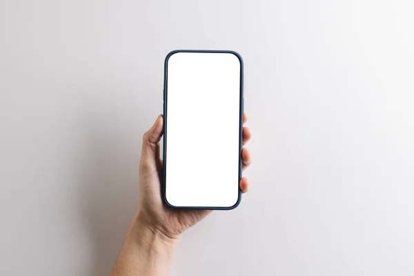 Hand Caucasian Woman Holding Smartphone Blank Screen Copy Space White — Stock Photo, Image