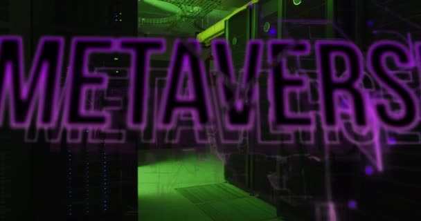 Анимирование Метаверсного Текстового Баннера Фиолетового Света Компьютерной Серверной Комнате Метаверс — стоковое видео