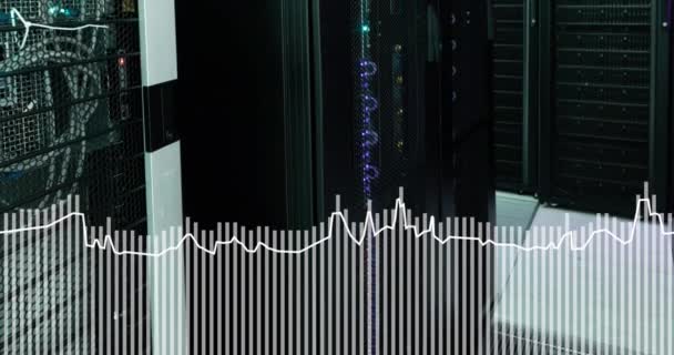 Animação Processamento Dados Estatísticos Contra Sala Servidor Computador Interface Computador — Vídeo de Stock
