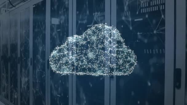 Animatie Van Cloud Beveiligingshangslot Schildpictogram Netwerk Van Verbindingen Tegen Serverruimte — Stockvideo