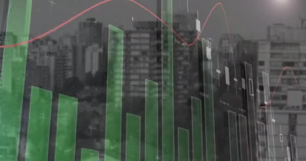 Animering Finansiella Data Behandling Mot Bakgrund Hög Byggnader Datorgränssnitt Och — Stockvideo